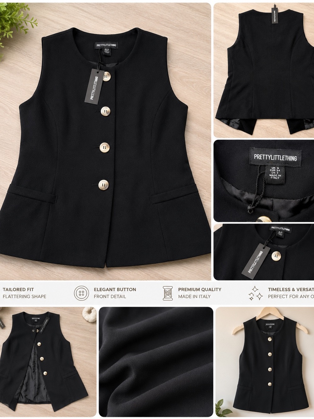 PrettyLittleThing Black Sleeveless Tailored Button Vest